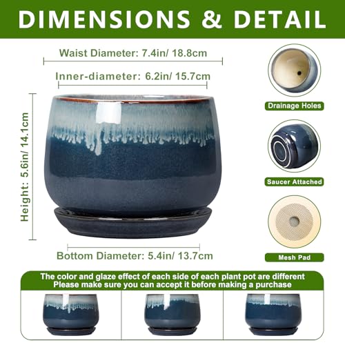 7 Inch Plant Pot Indoor, Ceramic Plant Pots, Retro Blue - size: 7 Inch, style: Retro