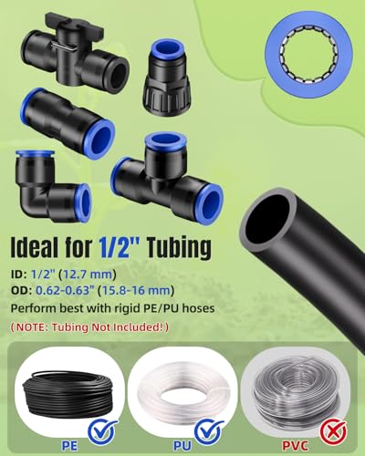Pawfly 20 Pcs Quick Connect Drip Irrigation Fittings Kit for 1/2" Tubing (0.62-0.63" OD), Drip Line Connectors Set with 4 Tees 4 Couplings 4 Elbows 4 End Plugs 2 Shut Off Valves & 2 Faucet Adapters - size: 20 Pcs Quick Connect Fittings Kit