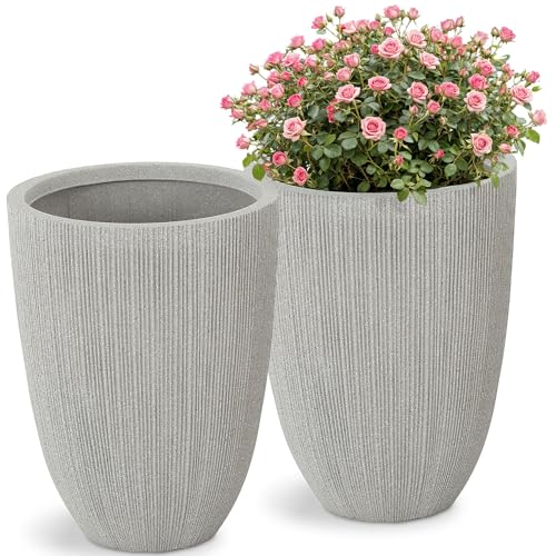 19" Mediterranean Beige Resin Tall Planters with Fluted Texture - color: 19"h-mediterranean Beige