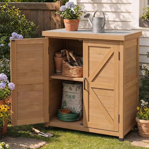 Outdoor Potting Bench with Storage Cabinet and Metal Top, Wood Workstation for Outdoor Patio, Garden (Light Brown, 31x17x36‘’) - color: Light Brown, size: 31x17x36"