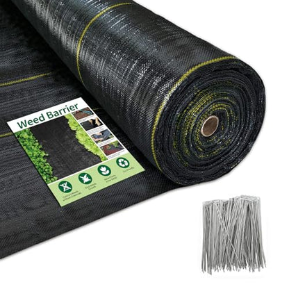 KANAGAWA 3ft x 100ft Weed Barrier Fabric, 6oz Heavy-Duty Woven Landscape Fabric with Staples, Breathable Weed Control for Garden Beds, Driveways, Farming & Landscaping - size: 6oz-3x100ft