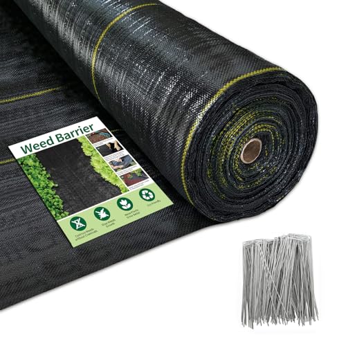 KANAGAWA 3ft x 100ft Weed Barrier Fabric, 6oz Heavy-Duty Woven Landscape Fabric with Staples, Breathable Weed Control for Garden Beds, Driveways, Farming & Landscaping - size: 6oz-3x100ft