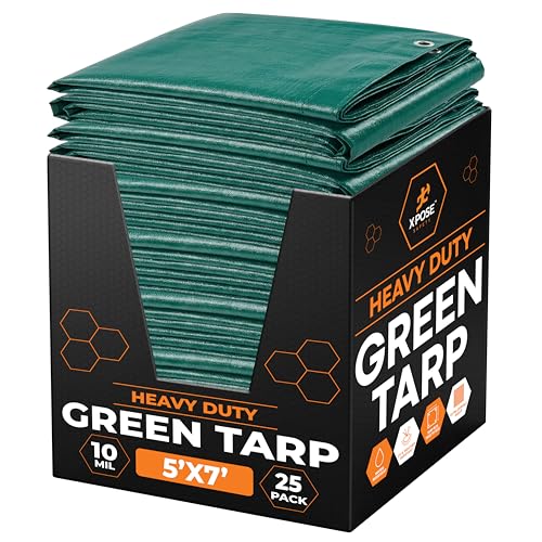 Heavy Duty Poly Tarp - 5' x 7' Bulk (25-Pack) - 10 Mil Thick Waterproof, UV Blocking Protective Cover - Reversible Green and Black - Laminated Coating - Grommets - by Xpose Safety - color: Green/Black, size: 5 Feet X 7 Feet (25pk)