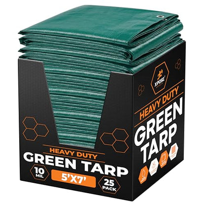 Heavy Duty Poly Tarp - 5' x 7' Bulk (25-Pack) - 10 Mil Thick Waterproof, UV Blocking Protective Cover - Reversible Green and Black - Laminated Coating - Grommets - by Xpose Safety - color: Green/Black, size: 5 Feet X 7 Feet (25pk)