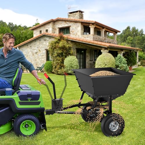 Suchtale Tow-Behind Broadcast Spreader, 130 lbs Capacity, Heavy Duty Fertilizer and Seed Spreader with Adjustable Flow Control Lever,10" Pneumatic Tires, Durable Metal Hopper for Various Terrain Type