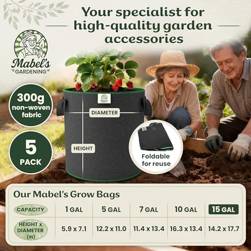Mabel's Gardening 5-Pack 15 Gallon Grow Bags - Garden Planting Bags 17.7 x 14.2 INCH Made of 8.85 oz/yd² (300g/m²) Felt & Fleece Fabric Plant Pot, Plant Bag, Grow Bag for Pumpkin Potato Tomato - color: 5-pack, size: 15 Gallon