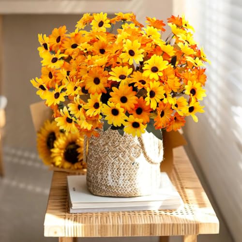 8 Bundles Yellow Flowers Artificial Black Eyed Susans Mums for Outdoors - color: Yellow and Orange