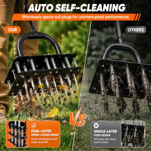 Lawn Aerator - 15 Iron Spikes Adjustable Height, Double-Layer Spring, Automatic Dirt and Leaf Clean Design, for Loosening Soil Aerating Patio, Yard, Garden (Black)