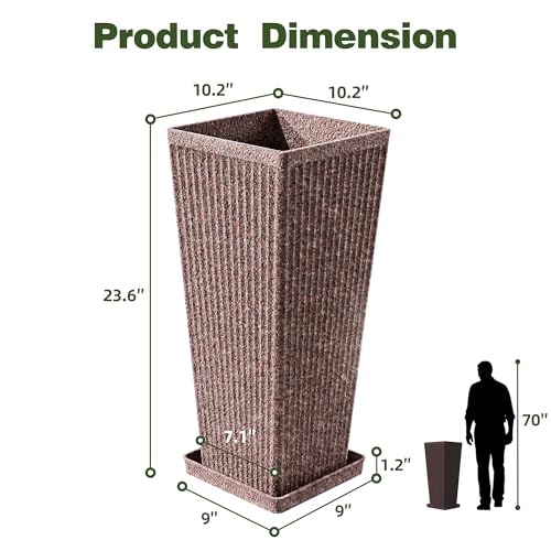Square Tall Planters for Outdoor Plants with Tray - Stone Finishes - color: Reddish Brown-stone Finishes
