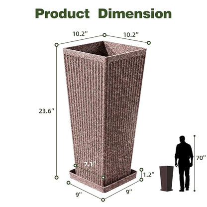 Square Tall Planters for Outdoor Plants with Tray - Stone Finishes - color: Reddish Brown-stone Finishes