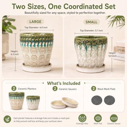YQSLYSF Ceramic Plant Pots, 6 Inch + 5 Inch Indoor Planters with Drainage