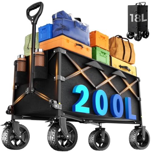 Heavy Duty Collapsible Wagon Cart, 200L Large Capacity Folding Beach Wagon with Big All-Terrain Wheels, Brake & Adjustable Handle, 500 lbs Utility Cart for Camping, Sports-Heavy Black - color: Heavy Black