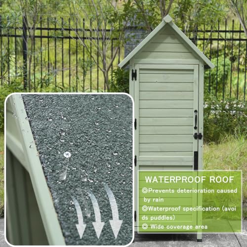 SUHPETNSOutdoor Wooden Storage Shed with Safety Latch & Adjustable Shelves, Weather‑Resistant Garden Tool Cabinet, Patio Storage Organizer (Light Green)