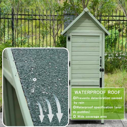 SUHPETNSOutdoor Wooden Storage Shed with Safety Latch & Adjustable Shelves, Weather‑Resistant Garden Tool Cabinet, Patio Storage Organizer (Light Green)