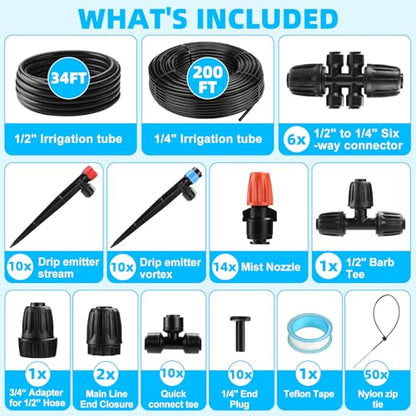 234FT Drip Irrigation System - Garden Watering System with Adjustable Three Spray Patterns with 1/2" Main Tube and 1/4" PE Distribution Tubing for Plants in Gardens, Raised Beds, Greenhouses, Lawns - size: 234FT (34FT Main Tube+200FT Distribution tube)