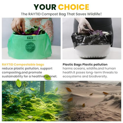 RAYTID Compostable trash Bags 2.6 Gallon Compost Bags for Kitchen Countertop Bin 1.3,2,3, Gallon, 120 Count,Small Kitchen Food Scrap Waste Bags,ASTM D6400, US BPI & Europe OK Compost Home Certified - color: 2.6G-120count