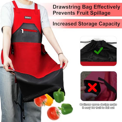 Garden Apron,Harvest Aprons with Drawstring Bag and Pockets for Women and Men,Canvas Fruit Picking Apron - color: Red