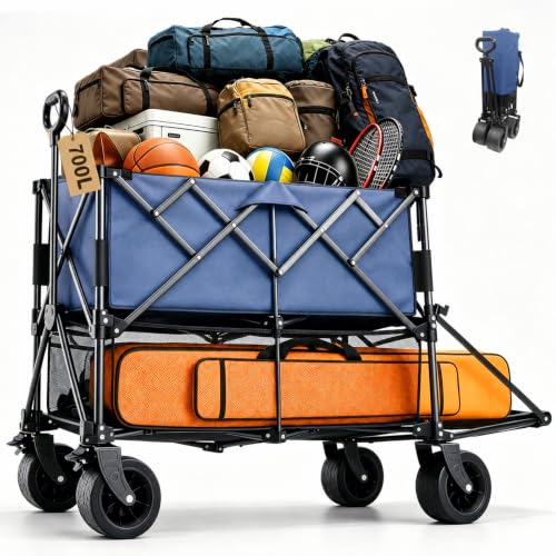 700L Large Capacity Blue Double Decker Wagon Collapsible Wagon with Tailgate 55'' Extra Long, Foldable 600lbs Heavy Duty Beach Cart with All-Terrain Big Wheels, Sports,Outdoor,Shoping Cart - color: Blue