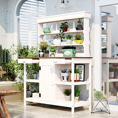Merax 66" Large Outdoor Farmhouse Wooden Potting Bench Table, Garden Workstation with 2 Drawers, Cabinet, and Open Shelves for Backyard, Mudroom, White - color: White, size: 53.74 inch Length