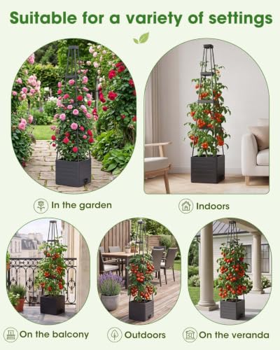 MYMULIKE Raised Garden Bed Tomato Planter with Trellis, 58" Tomato Cage for Climbing Vegetables Plant, Self Watering Pots for Indoor Plants Garden Pots Patio Greenhouse Indoor Outdoor