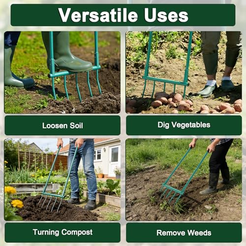 Broad Fork Garden Tool, 5 Tines Heavy-Duty U-Shaped Hand Tiller
