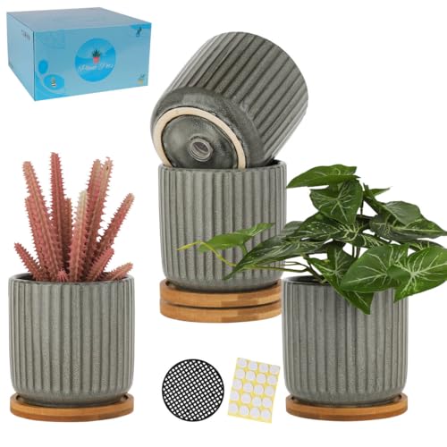 4 in Cylinder Ceramic Plant Pots with Trays, Green Grey, Set of 4 - color: Green-grey(4inch)