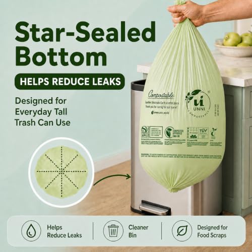 UNNI Compostable Bags, 13 Gallon, 50 Count, 49.2 Liter, Extra Thick 0.9 Mil - size: 50 Count (Pack of 1), style: 13 Gallon