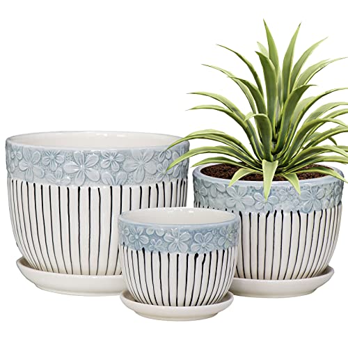 Gray Flower Pots, Texture Ceramic Plant Pots for Indoor Plants Set of 3 - color: Gray