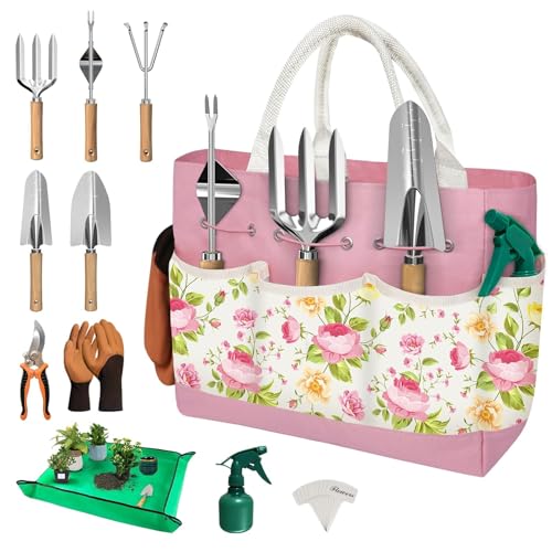 22PCS Garden Tools Set for Women,Birthday Gifts for Mom Wife Grandma,Heavy Duty Hand Tool Kit Gardening Supplies Included Handy Tote Bag/Trowel/Repotting Mat/Rake/Pruner/Gloves/Plant Tags -Pink - color: Pink