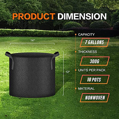 iPower 10-Pack 7 Gallon Plant Grow Bags Heavy Duty Thickened Nonwoven Aeration Fabric Container Durable Pots, Strap Handles for Garden, Black - color: Black, size: 7 Gallon