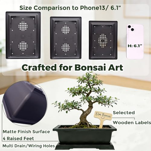 MUZHI 6Pack Plastic Bonsai Pot with Drainage Drip Tray, Retro Style Rectangle Garden Plant Pots Bonsai Planters Nursery Pots Maceta Cuadrada with Tray (2pcs 9"+2pcs 7.5"+2pcs 6.5") - size: 2pcs 9"+2pcs 7.5"+2pcs 6.5"