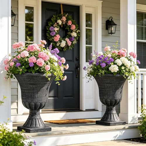 Autodaya 22" Large Pots for Plants Outdoor, Washed Black Planters Set of 2 - color: Urn Planters Black-22"