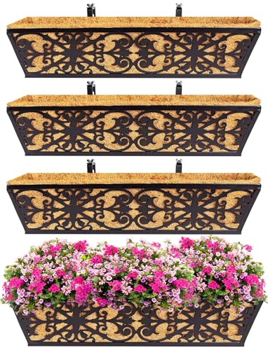 4 Pack 24 Inch Window Boxes Planters Railing Planter Box with Adjustable Brackets & Coco Liners Fabric Plant Grow Bags Deck Railing Planter Boxes Balcony Hanging Flower Box for Outdoor Plants - color: 4 Pack-black, size: 24 Inch