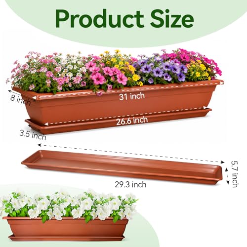 6 Pcs 31 inch Window Box Planter, Large Rectangular Plastic Flower Pot with Tray, Suitable for Indoor & Outdoor Gardens, Balcony and Home Decor (6)