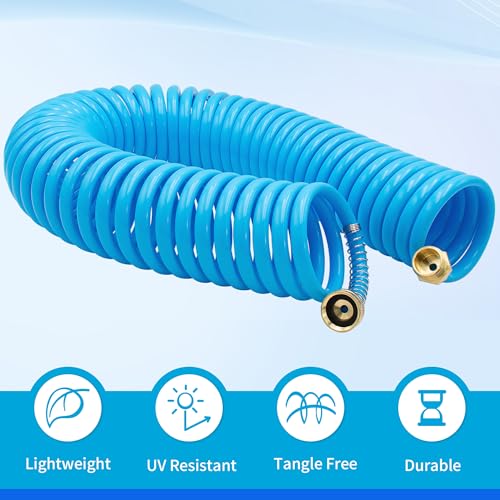 AUTOMAN Coil Garden Hose 50 ft, EVA Curly Water Hose with Brass Connectors, Recoil Garden Water Hose,Includes 7-Pattern Function Sprayer,Retractable,Corrosion Resistant Garden Coil Hose. - color: Blue, size: 50 ft