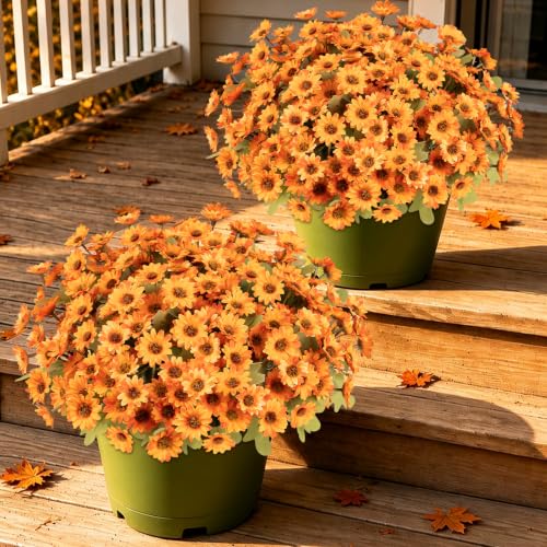 12 PCS Artificial Mums for Outdoors, UV Resistant Fake Fall Flowers - color: Orange