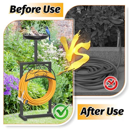 Garden Hose Holder, Freestanding Holds 150ft with Bird Feeder - style: Floral With bird feeder