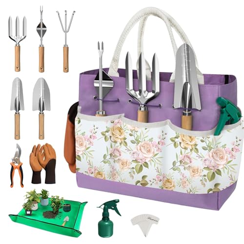 22Pcs Gardening Tools Set for Women Heavy Duty Garden Hand Tool Kit,Birthday Gifts for Mom Wife Grandma Beginner Gardening Accessories with Large Tote Bag/Shovel/Repotting Mat/Plant Labels/Gloves - color: Purple