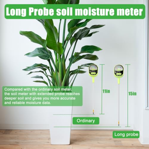 Long Probe Soil Moisture Meter, 4-in-1 Soil pH Tester,Soil Moisture, Fertility,Sunlight Intensity with Removable Probe, Large Dial Soil Test Kit for Plants Gardening, Lawn and Indoor Outdoor Plants - size: 15in