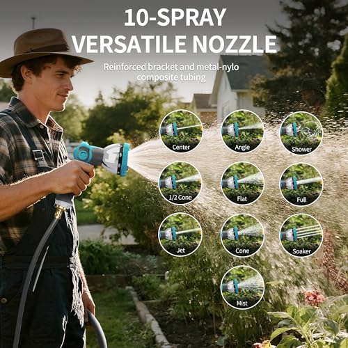 1/2" 110FT Retractable Garden Hose Reel, Wall Mounted Automatic Hose Reel with Upgraded 10 Pattern Nozzle/Any Length Lock/Slow Return System/180°Swivel Bracket, AquaBlue - size: 110FT-1/2"