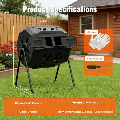 Compost Bin Outdoor, Dual Chamber Composter Tumbler Outdoor with Gloves, Efficient 360°Rotating Composting Bin for Patio, Lawn, Home Gardening and Landscape (Black) - color: black out