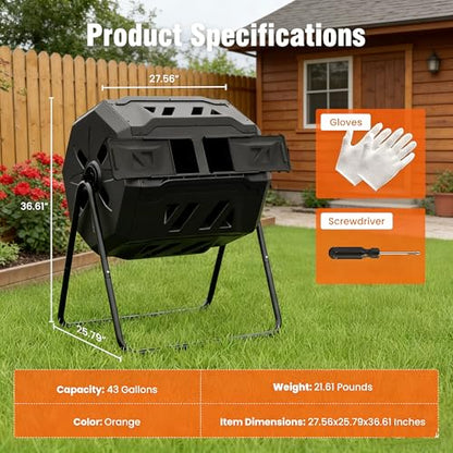 Compost Bin Outdoor, Dual Chamber Composter Tumbler Outdoor with Gloves, Efficient 360°Rotating Composting Bin for Patio, Lawn, Home Gardening and Landscape (Black) - color: black out