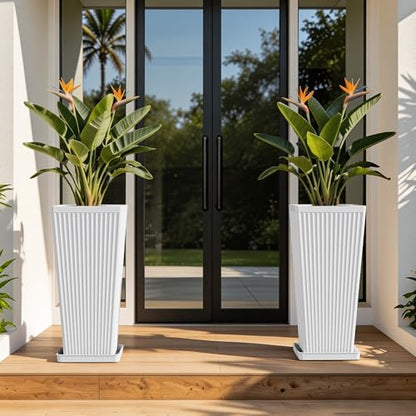 24" Tapered Tall Planters for Outdoor Plants with Tray&Shelf, White - color: White-smooth