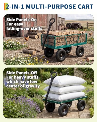 1200LB Heavy Duty Steel Garden Cart, Utility Wagon w/ 13" Tires, Mesh Sides - size: Green 1200LBS