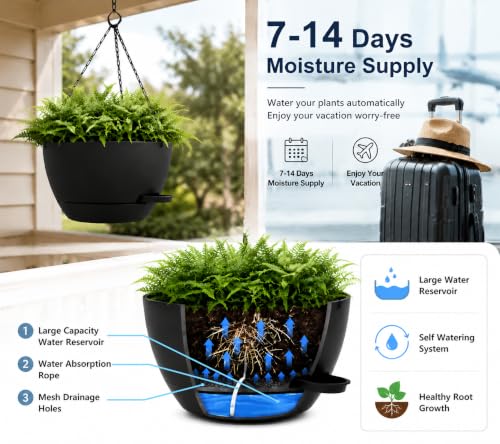 2 Pack 10 Inch Self Watering Hanging Planters for Indoor Plants, Large Black Plastic Hanging Pots with Chains for Outdoor Patio Garden Home Decor (Black) - color: Black, size: 2 pack 10 inches