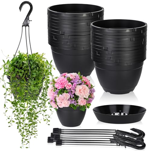 Roshtia 24 Pcs 8.3 Inch Plastic Hanging Pots for Plants Bulk with Hooks - color: Black, size: 8.3 Inch