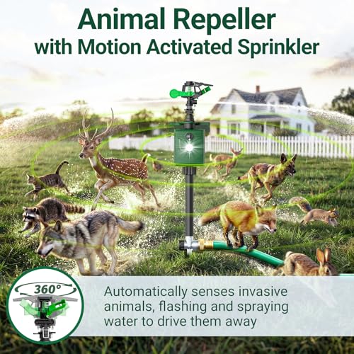 Motion Activated Animal Repeller with Water Sprinkler, Deer Repellent Devices Solar Powered, IP65 Waterproof Cat Repellent Outdoor with Flashing Light, Deter Deer Foxes Skunks Raccoons from Garden