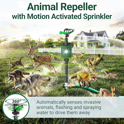 2 Packs Motion Activated Deer Repellent with Water Sprinkler, Solar Powered Cat Repellent Outdoor, IP65 Waterproof Deer Repellent Devices with Flashing Light, Deter Dogs Skunks Raccoons from Garden