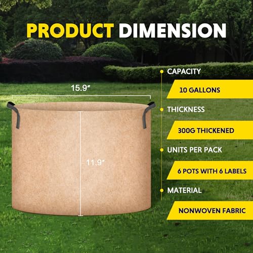 iPower Plant Grow Bag 10 Gallon 6-Pack Heavy Duty Fabric Pots, 300g Thick Nonwoven Fabric Containers Aeration with Nylon Handles, for Planting Vegetables, Fruits, Flowers, Tan 2024 Version - color: Tan, size: 10 Gallon