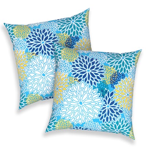 Outdoor 16x16 Inch Throw Pillow Covers Set of 2, All Weather Square Pillow Cases, Covers ONLY, Patio Cushion Pillow of Home Furniture Use, Dahlia Blue - color: Dahlia Blue, size: 16" x 16" (Pack of 2)